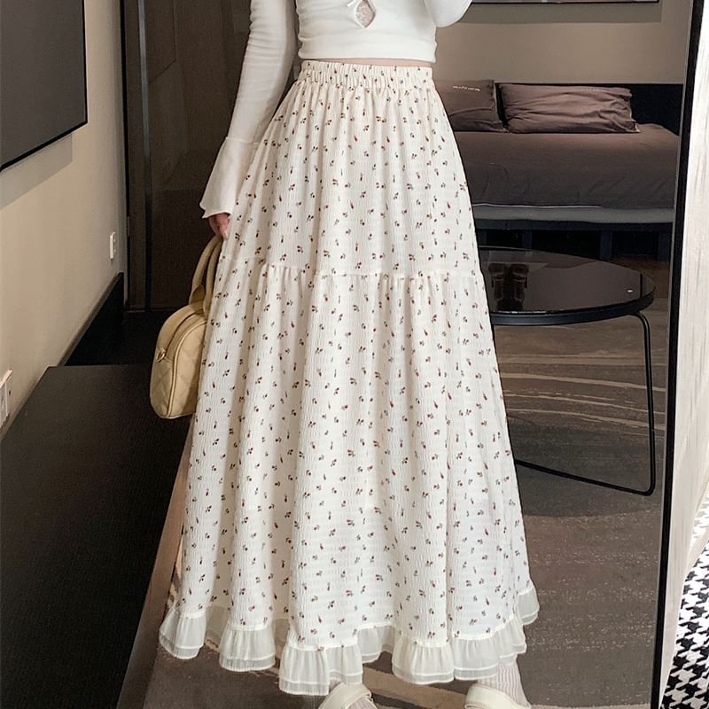 Waist A-Line Elastic Floral Midi Skirt