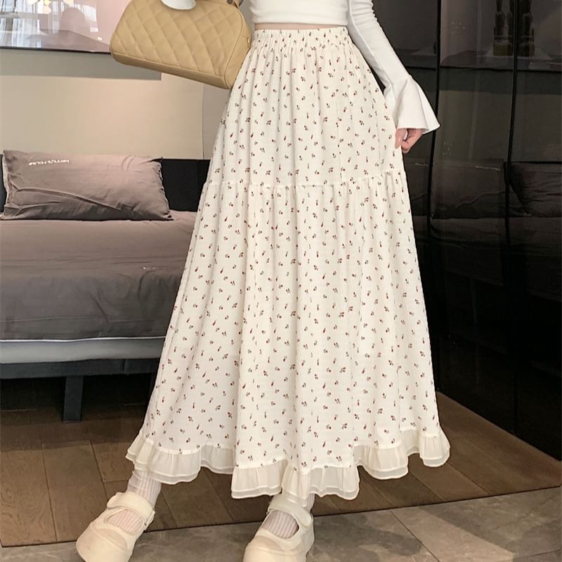 Waist A-Line Elastic Floral Midi Skirt
