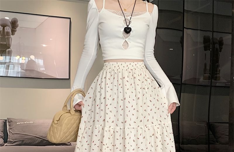 Waist A-Line Elastic Floral Midi Skirt