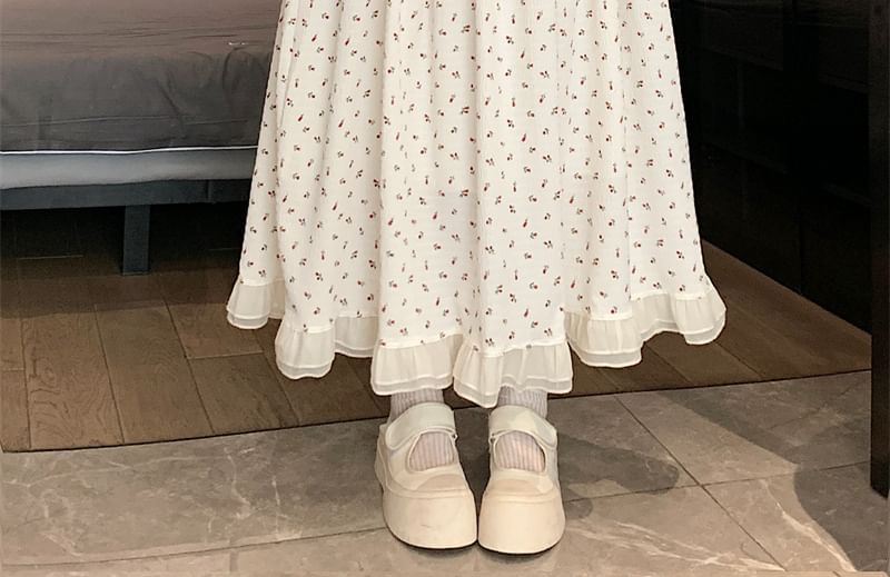 Waist A-Line Elastic Floral Midi Skirt