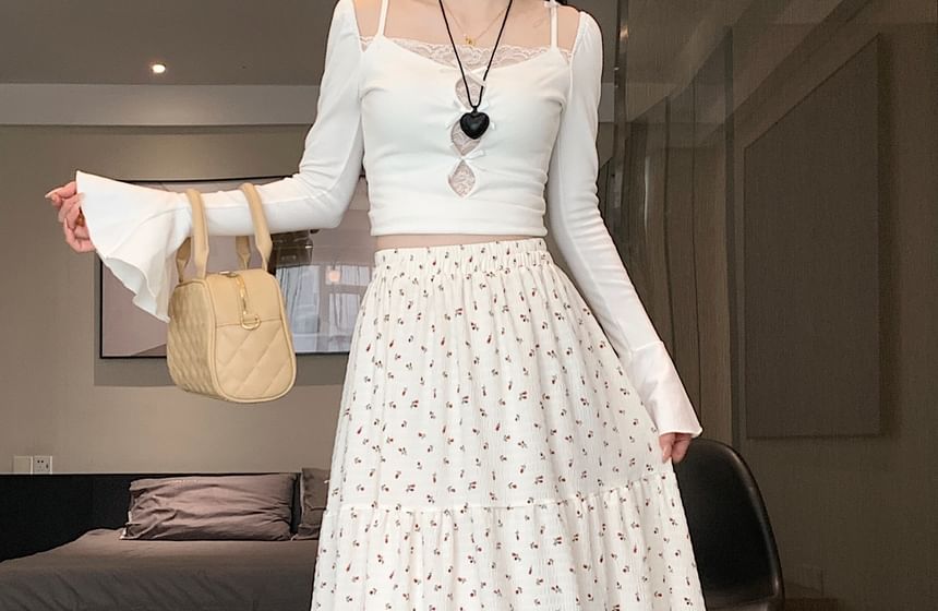 Waist A-Line Elastic Floral Midi Skirt