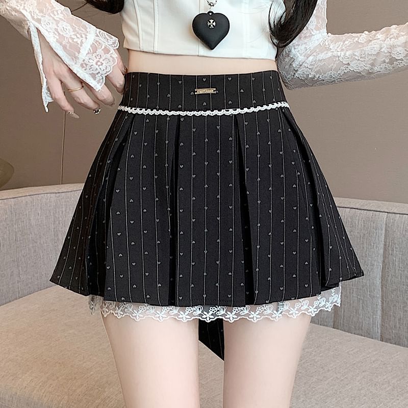 Skirt High Bow Lace Print A-Line Waist Heart Mini Panel
