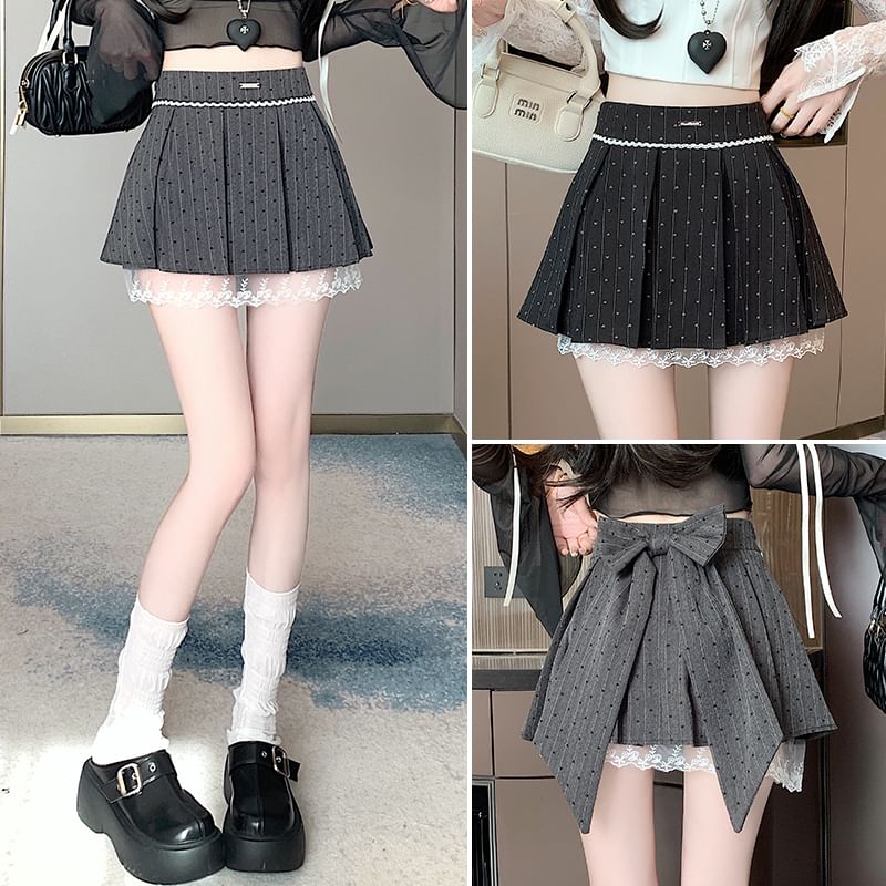 Skirt High Bow Lace Print A-Line Waist Heart Mini Panel