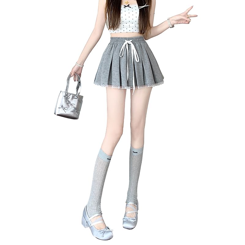 Waist Lace Mini Drawstring Trim Pleated A-Line Skirt