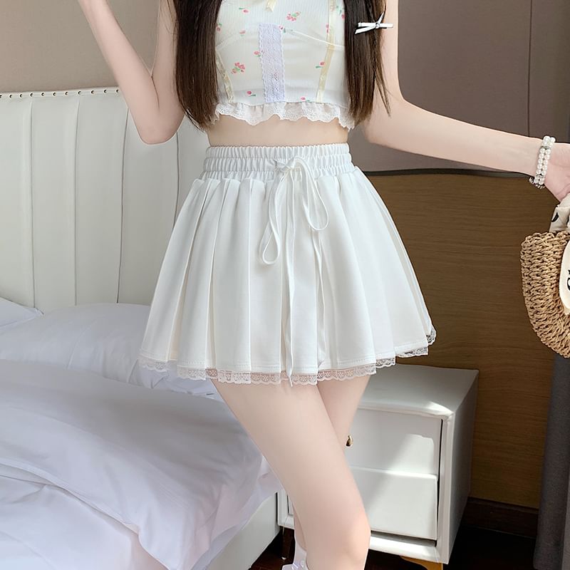 Waist Lace Mini Drawstring Trim Pleated A-Line Skirt