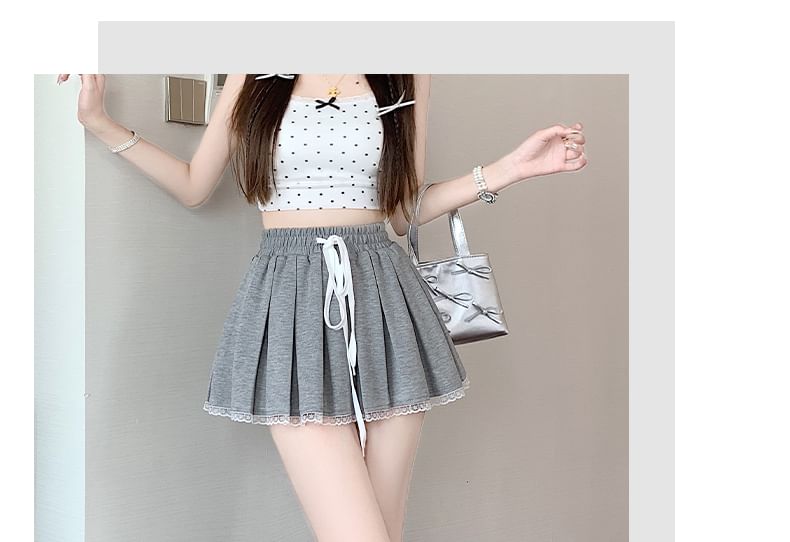 Waist Lace Mini Drawstring Trim Pleated A-Line Skirt