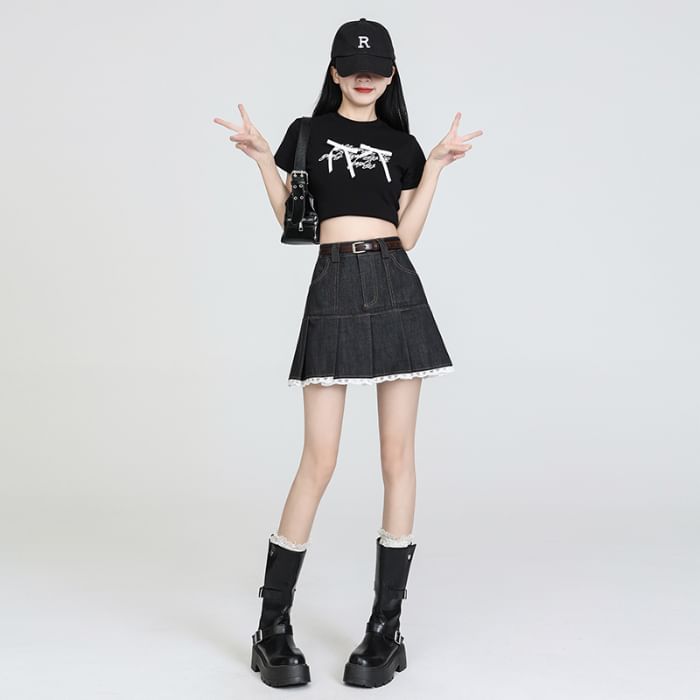 Denim Waist Lace Pleated Trim High Skort