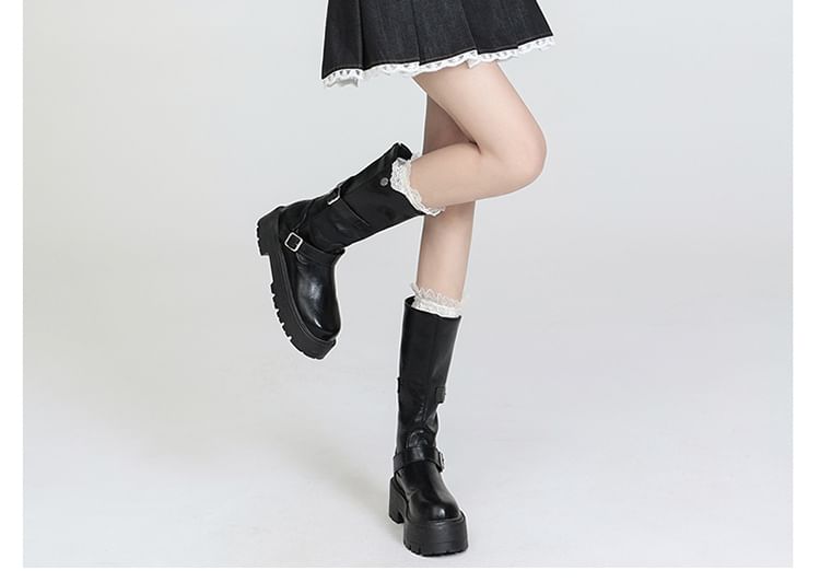 Denim Waist Lace Pleated Trim High Skort