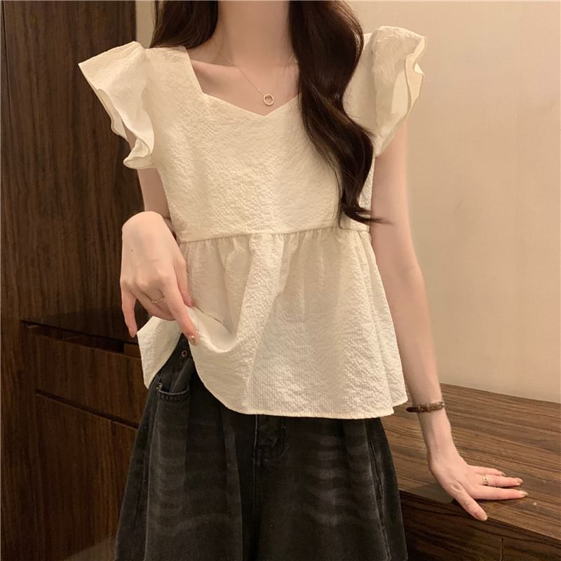 Peplum Cap-Sleeve Blouse Plain