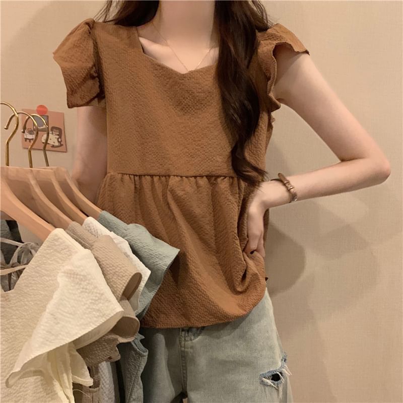 Peplum Cap-Sleeve Blouse Plain