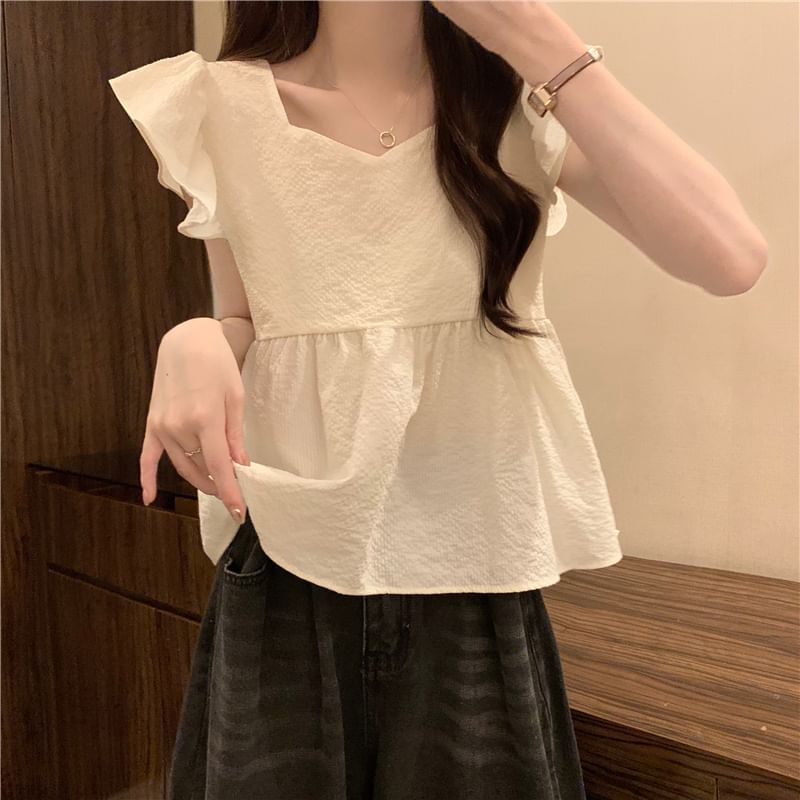Peplum Cap-Sleeve Blouse Plain
