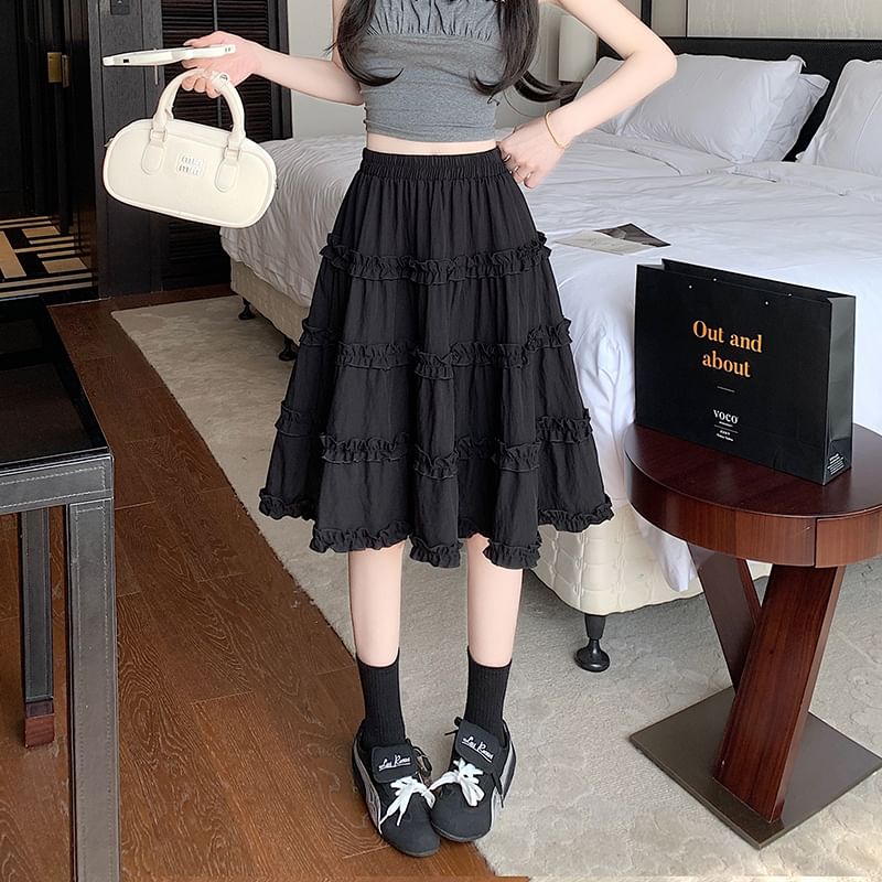 Plain Ruffle Waist Elastic Tiered A-Line Trim Skirt
