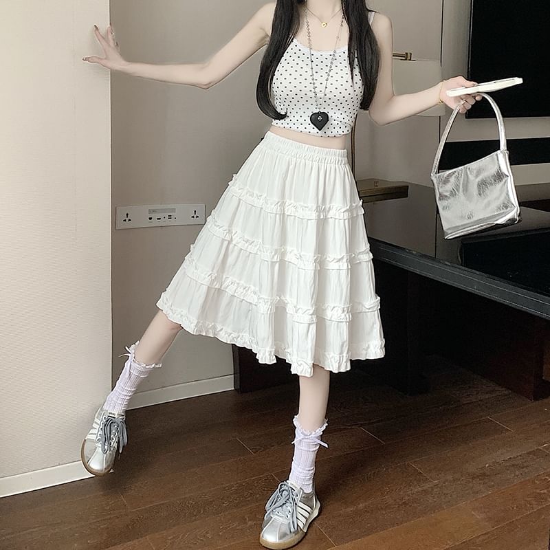 Plain Ruffle Waist Elastic Tiered A-Line Trim Skirt