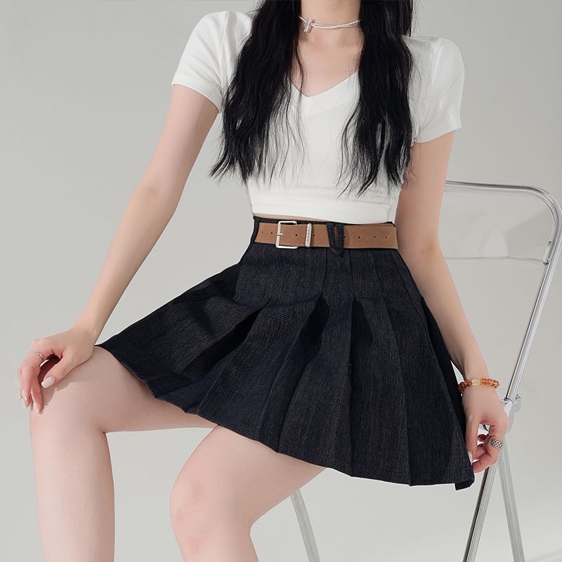 Pleated Waist Skirt Denim Mini A-Line High