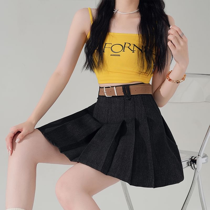 Pleated Waist Skirt Denim Mini A-Line High