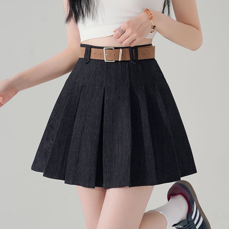 Pleated Waist Skirt Denim Mini A-Line High