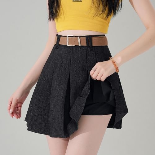 Pleated Waist Skirt Denim Mini A-Line High