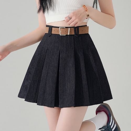 Pleated Waist Skirt Denim Mini A-Line High