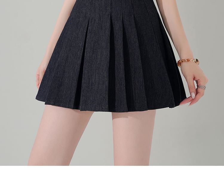 Pleated Waist Skirt Denim Mini A-Line High