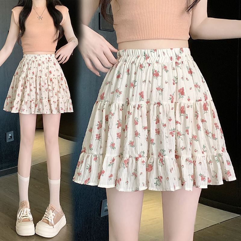 Waist Mini Skirt Elastic A-Line Tiered Floral