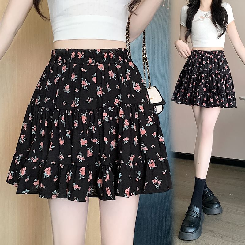 Waist Mini Skirt Elastic A-Line Tiered Floral