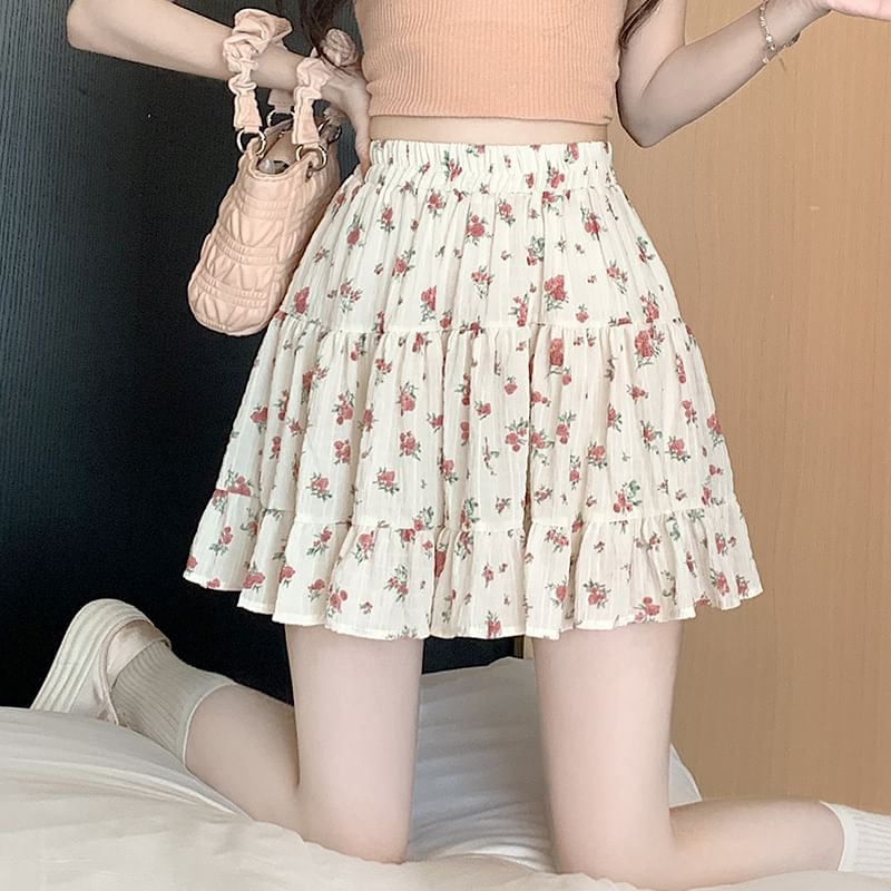 Waist Mini Skirt Elastic A-Line Tiered Floral