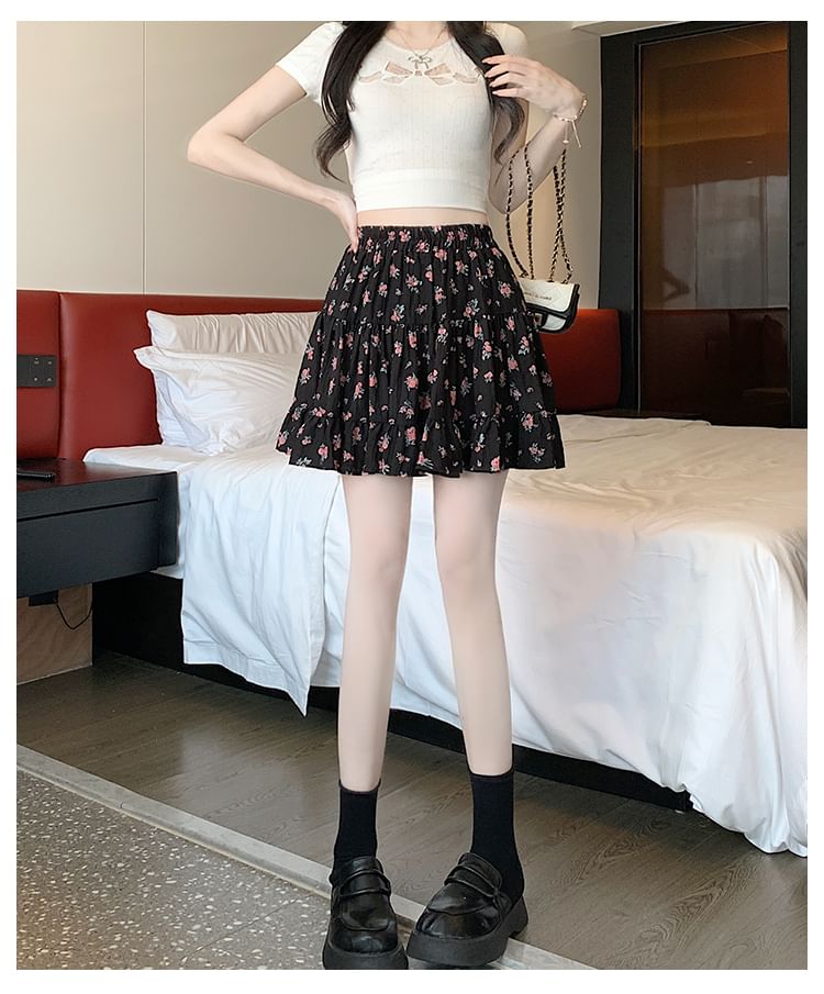 Waist Mini Skirt Elastic A-Line Tiered Floral