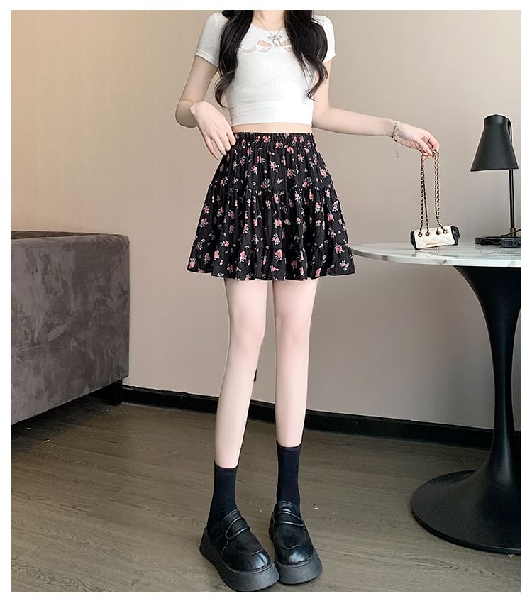 Waist Mini Skirt Elastic A-Line Tiered Floral