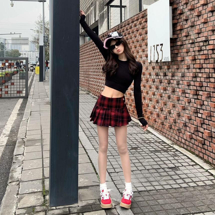 A-Line Plaid Skirt Pleated Mini High Waist