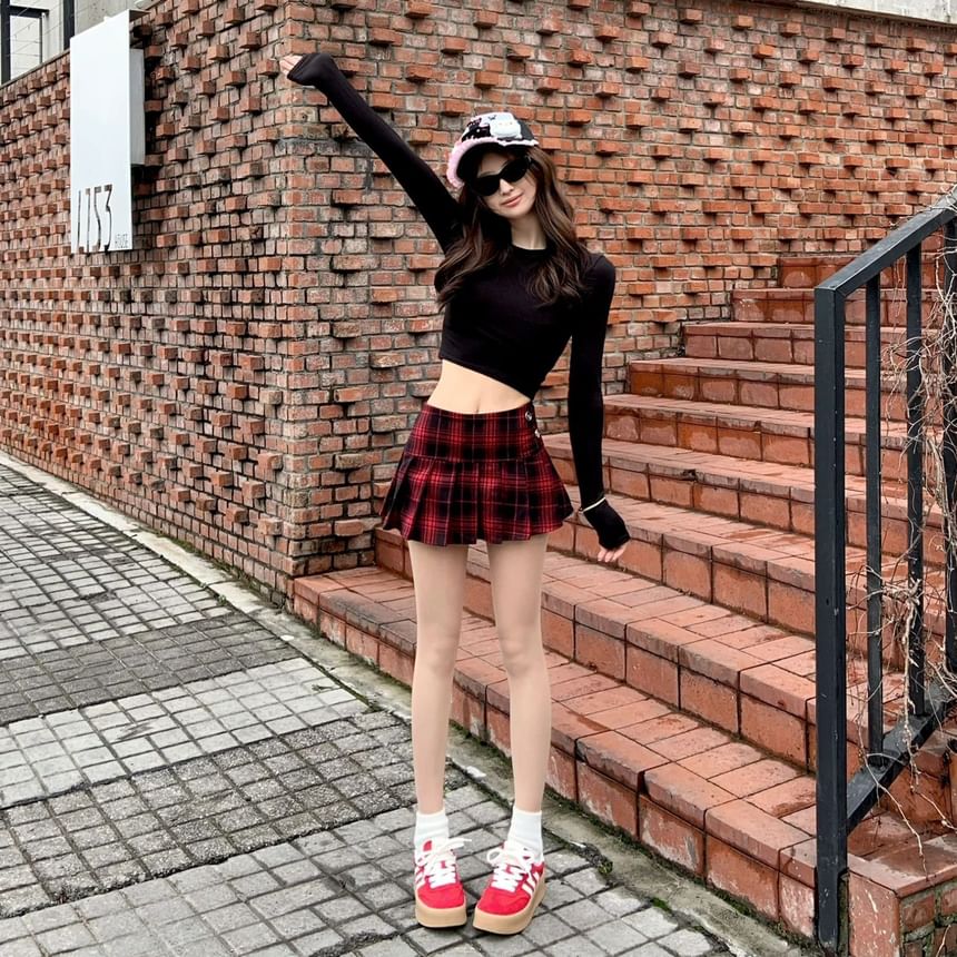 A-Line Plaid Skirt Pleated Mini High Waist