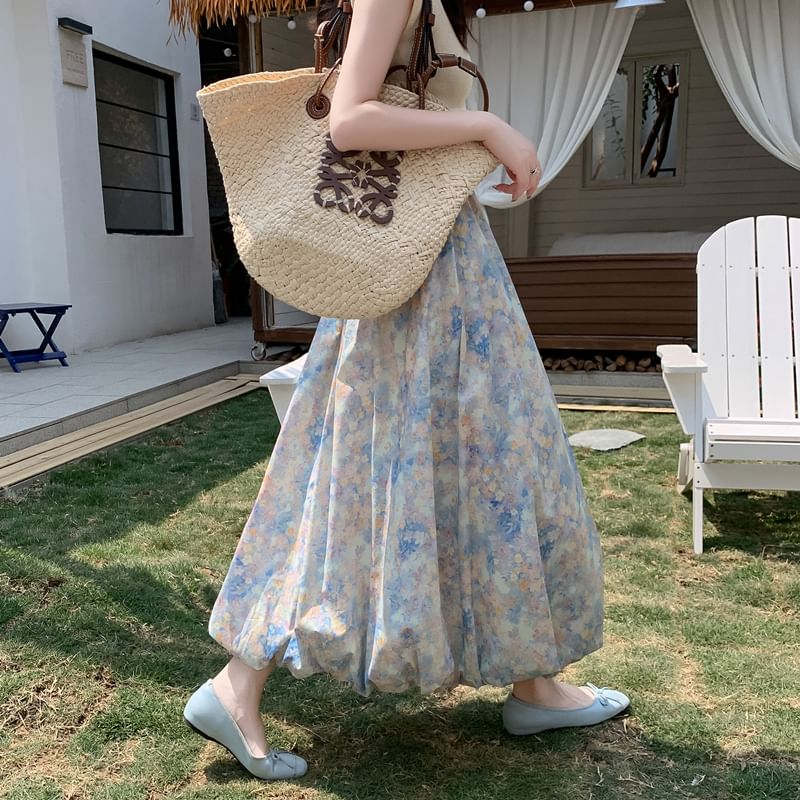 A-Line Elastic Waist Skirt Floral Midi