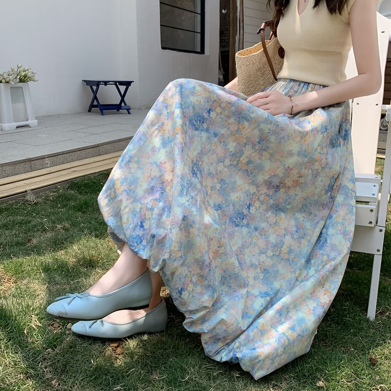 A-Line Elastic Waist Skirt Floral Midi