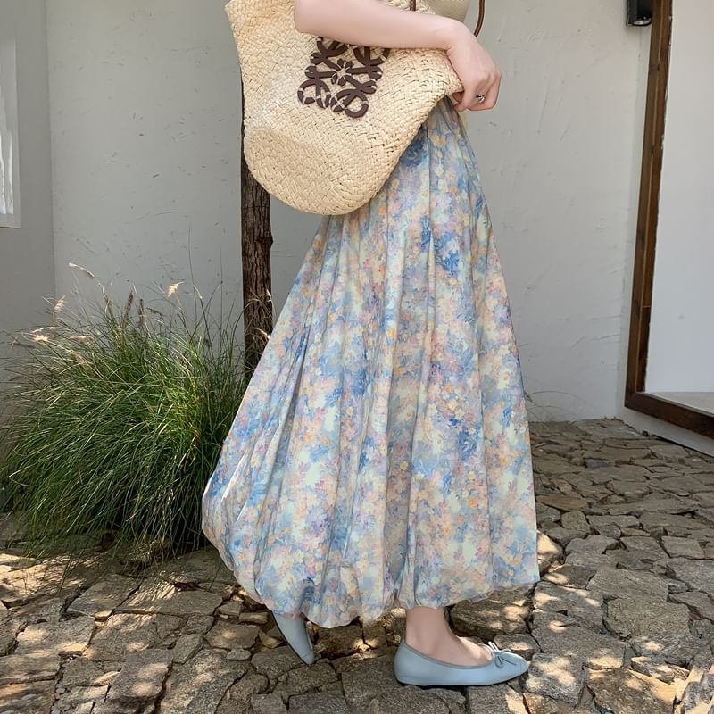 A-Line Elastic Waist Skirt Floral Midi