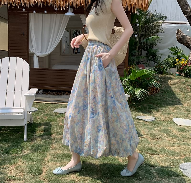 A-Line Elastic Waist Skirt Floral Midi