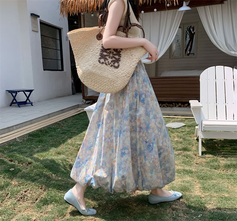 A-Line Elastic Waist Skirt Floral Midi