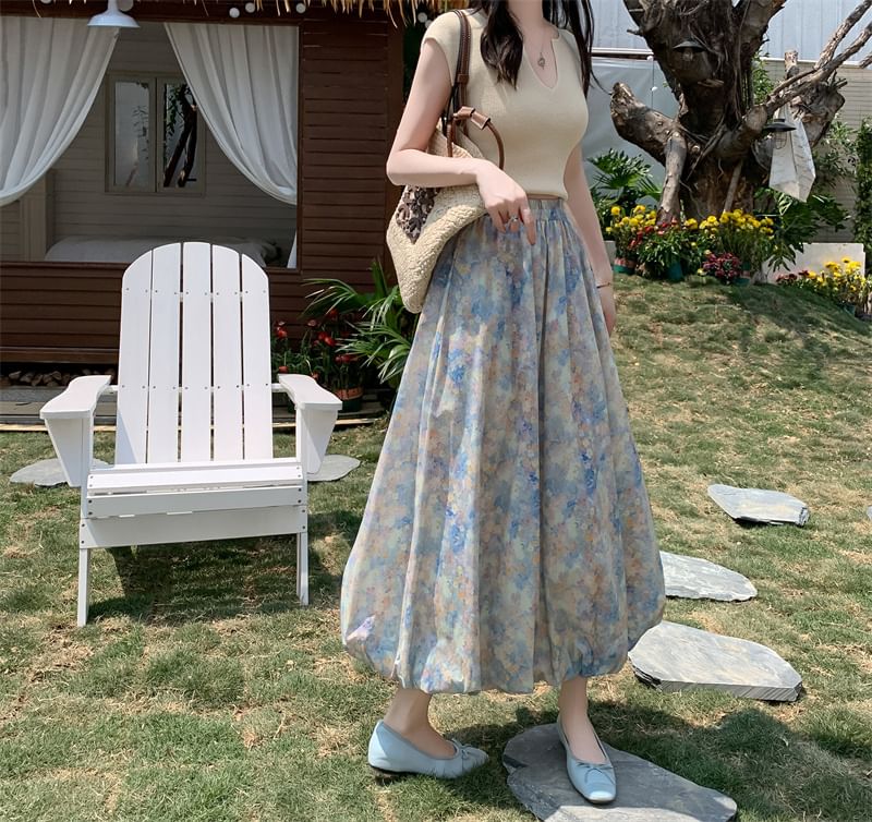 A-Line Elastic Waist Skirt Floral Midi