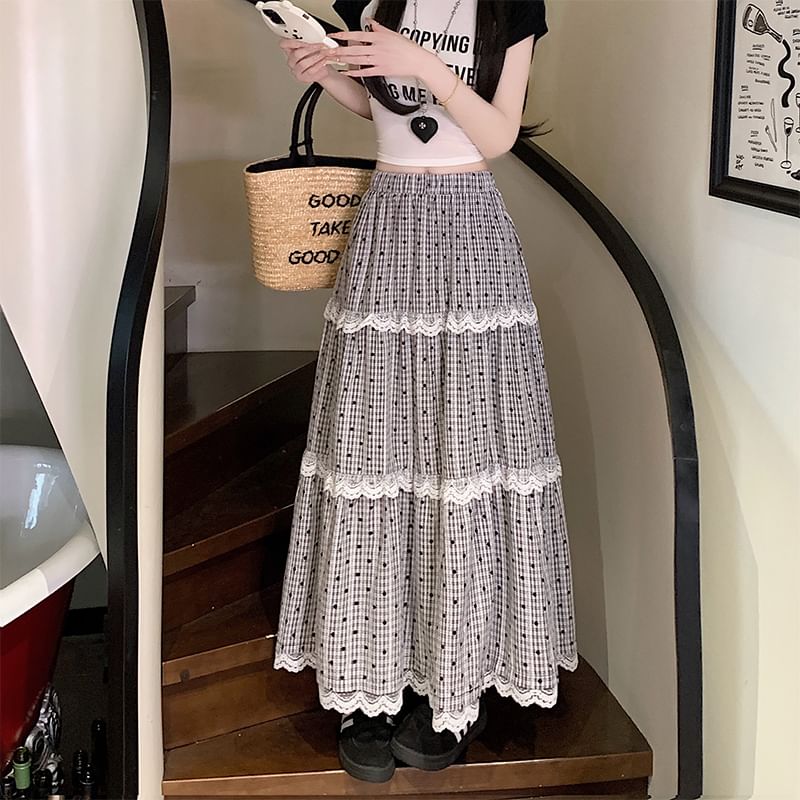 A-Line Maxi Elastic Plaid Tiered Lace Skirt Dotted Waist Trim