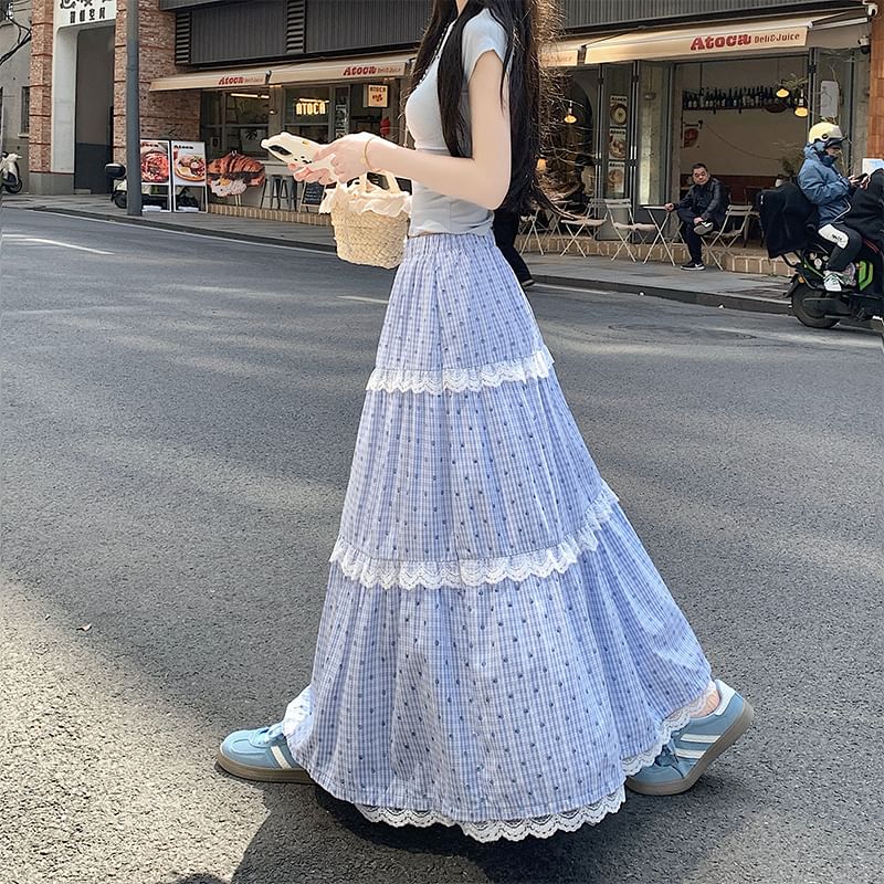 A-Line Maxi Elastic Plaid Tiered Lace Skirt Dotted Waist Trim