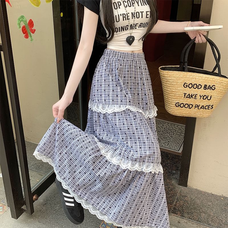 A-Line Maxi Elastic Plaid Tiered Lace Skirt Dotted Waist Trim