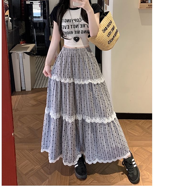 A-Line Maxi Elastic Plaid Tiered Lace Skirt Dotted Waist Trim