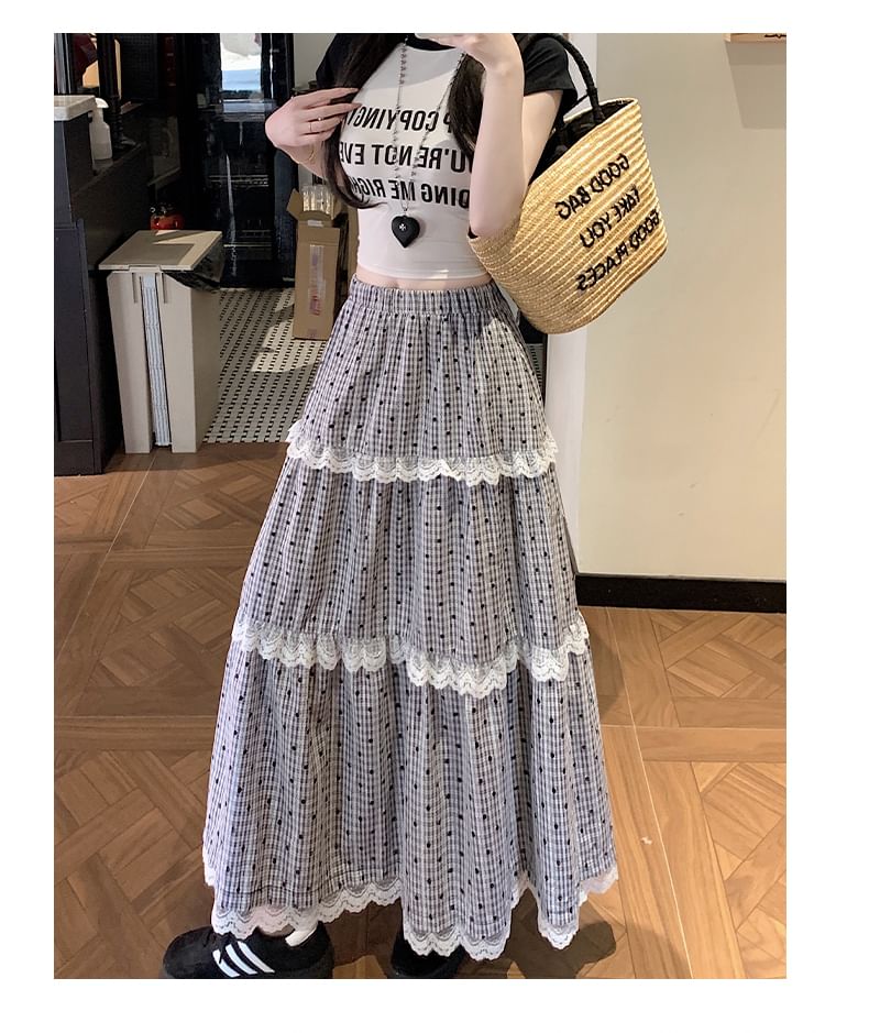 A-Line Maxi Elastic Plaid Tiered Lace Skirt Dotted Waist Trim