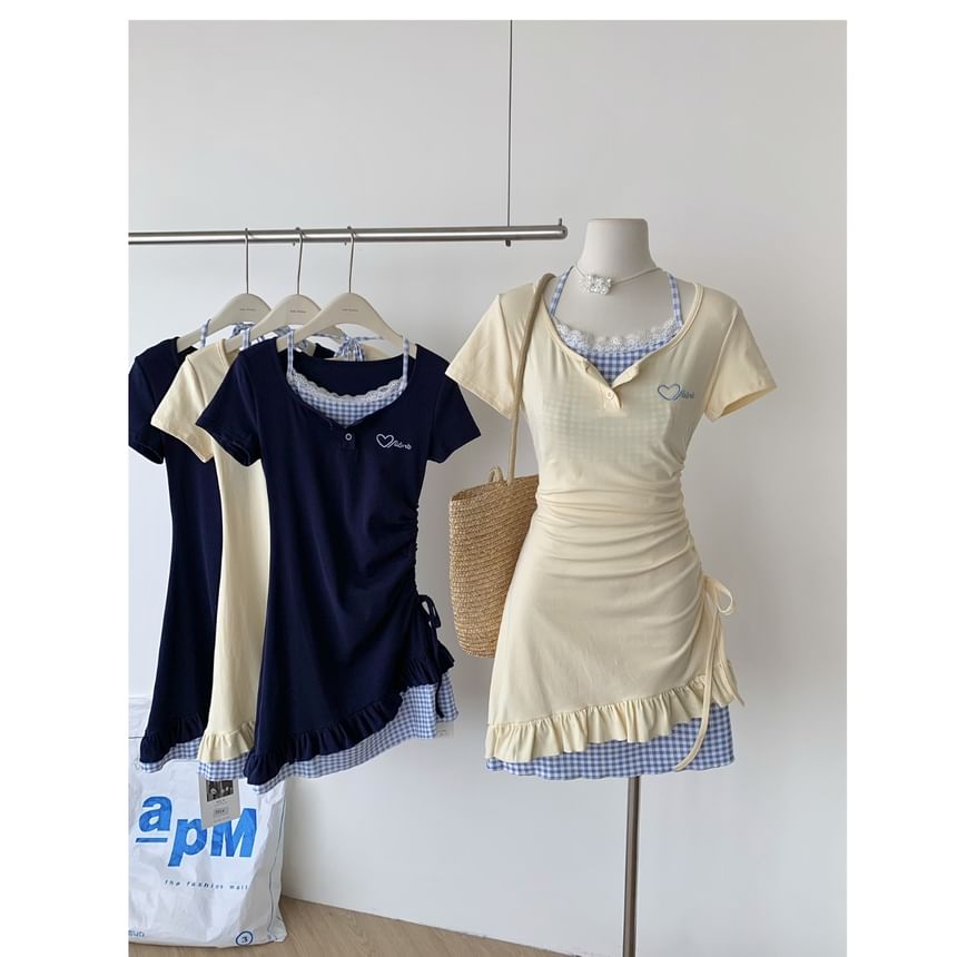 Short-Sleeve Scoop Mock Sheath Mini Panel Neck Drawstring Dress Heart Two-Piece Plaid Embroidered