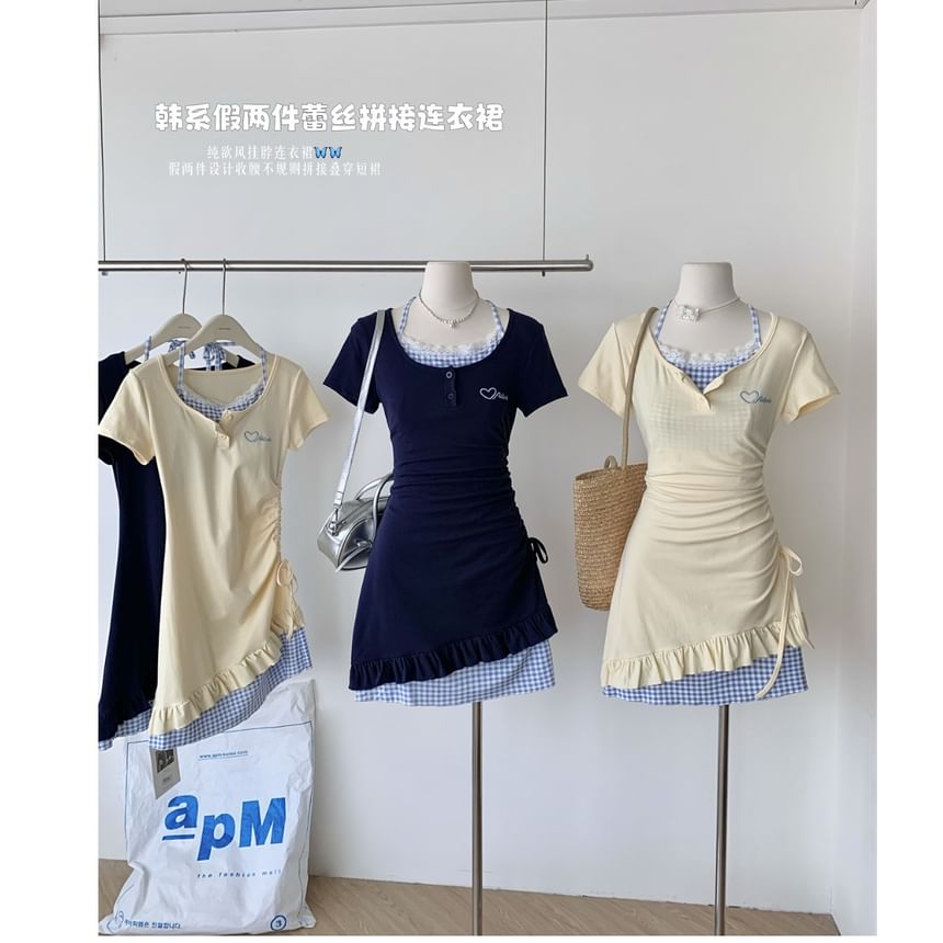 Short-Sleeve Scoop Mock Sheath Mini Panel Neck Drawstring Dress Heart Two-Piece Plaid Embroidered