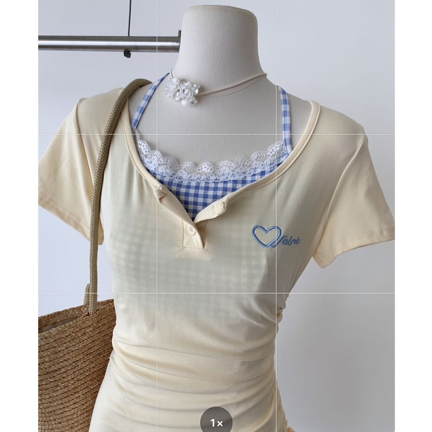 Short-Sleeve Scoop Mock Sheath Mini Panel Neck Drawstring Dress Heart Two-Piece Plaid Embroidered