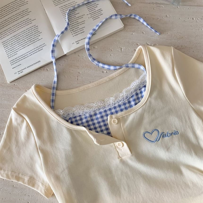 Short-Sleeve Scoop Mock Sheath Mini Panel Neck Drawstring Dress Heart Two-Piece Plaid Embroidered