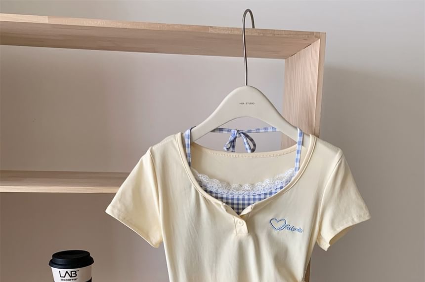 Short-Sleeve Scoop Mock Sheath Mini Panel Neck Drawstring Dress Heart Two-Piece Plaid Embroidered