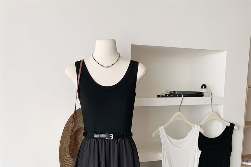 Plain A-Line Dress Neck Midi Scoop Sleeveless