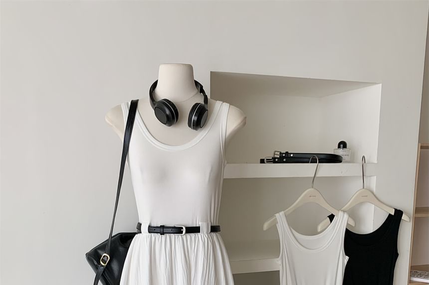 Plain A-Line Dress Neck Midi Scoop Sleeveless