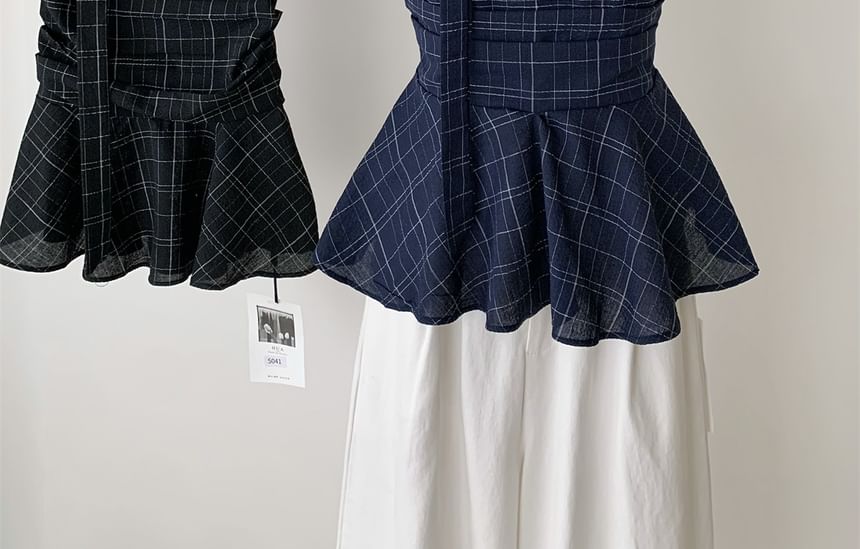 Tube Top Scarf + Skinny Peplum Plaid Set: