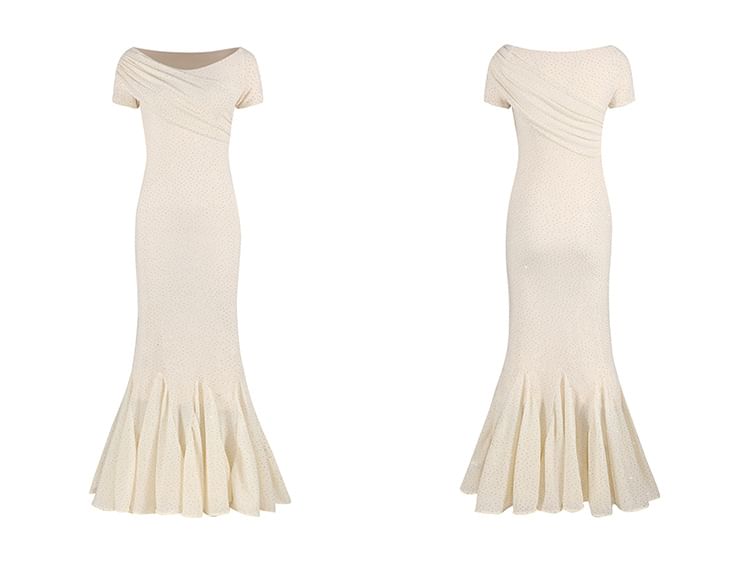 Mermaid Neck Gown Evening Short-Sleeve Rhinestone Boat